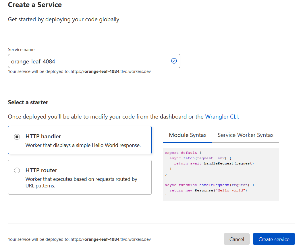 Screenshot of the &lsquo;Create a service&rsquo; form in Cloudflare dashboard