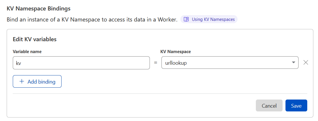 Screenshot of the &ldquo;Add KV namespace binding&rdquo; form